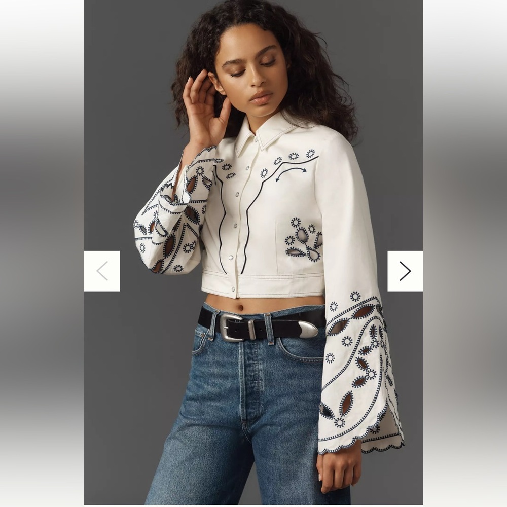 Anthropologie Blouse Women Lg Eyelet Bell Sleeve Cropped Pearl Snap Shirt Jacket